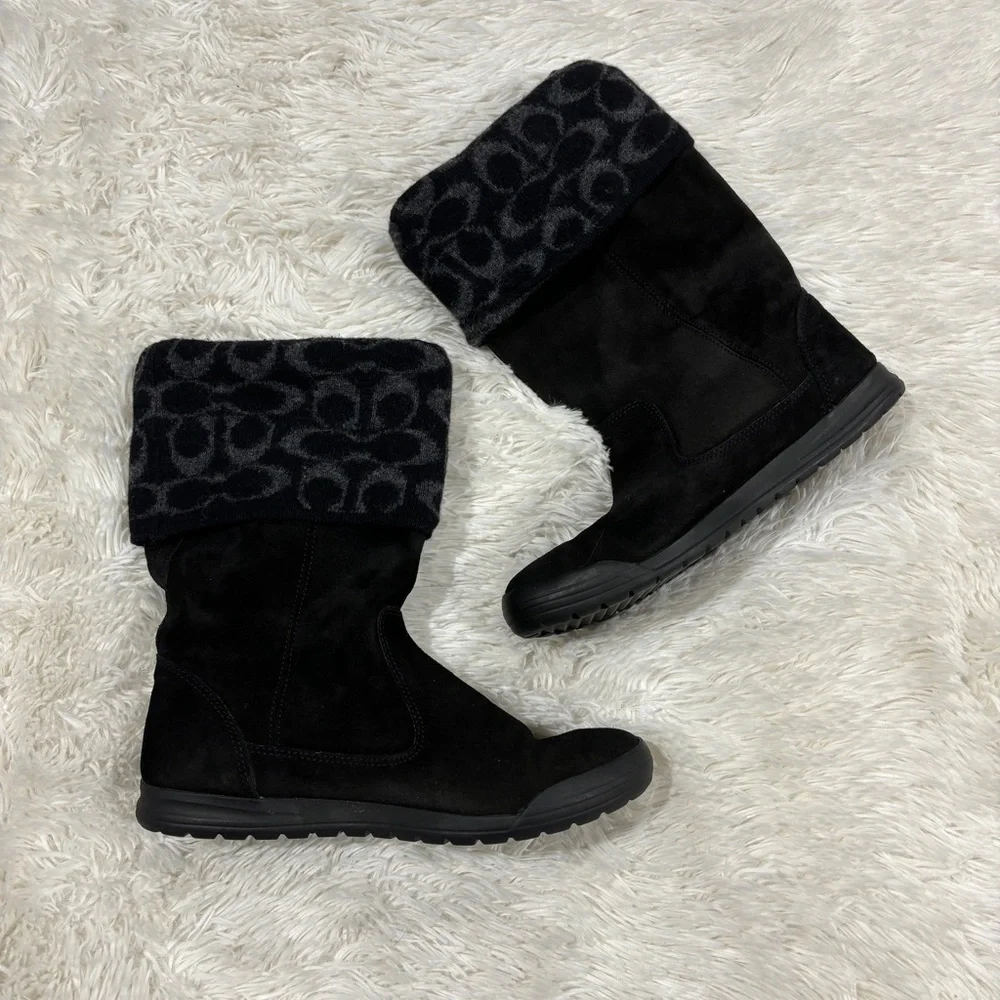 Coach Tatum Black Wool & Suede Leather Winter Boots Size 7.5 - Picture 2 of 10